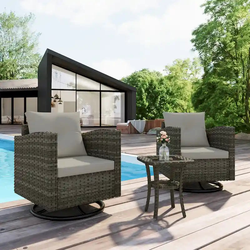 Ensemble de 3 chaises pivotantes de conversation en rotin d'extérieur avec table