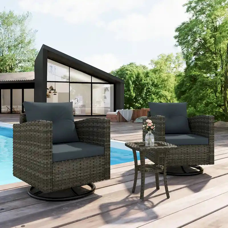 Ensemble de 3 chaises pivotantes de conversation en rotin d'extérieur avec table