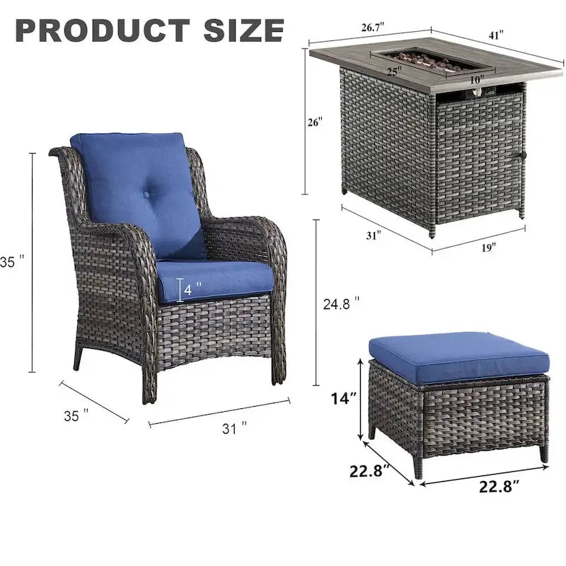 Ensemble table, fauteuils et pouf de patio avec foyer au propane - Gris