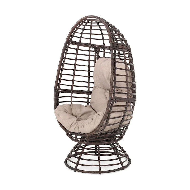 Fauteuil en osier Oaks Aura au design abstrait en maille, fauteuil pivotant en rotin tressé artisanal en forme d'œuf, fauteuil en forme de panier avec coussin