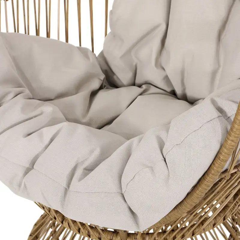 Fauteuil en osier Oaks Aura au design abstrait en maille, fauteuil pivotant en rotin tressé artisanal en forme d'œuf, fauteuil en forme de panier avec coussin