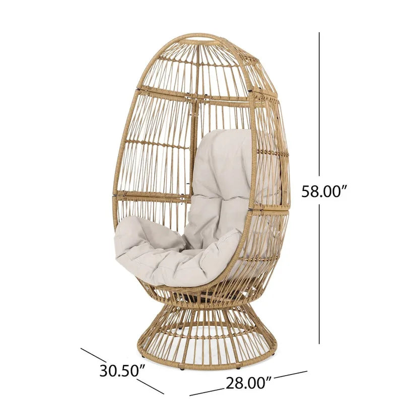 Fauteuil en osier Oaks Aura au design abstrait en maille, fauteuil pivotant en rotin tressé artisanal en forme d'œuf, fauteuil en forme de panier avec coussin