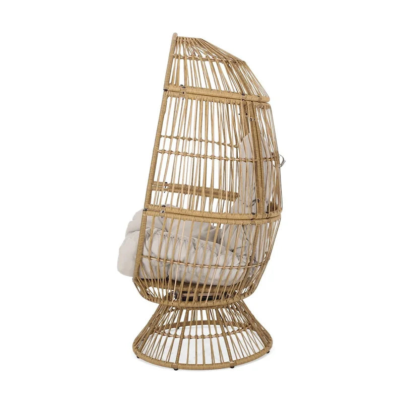 Fauteuil en osier Oaks Aura au design abstrait en maille, fauteuil pivotant en rotin tressé artisanal en forme d'œuf, fauteuil en forme de panier avec coussin