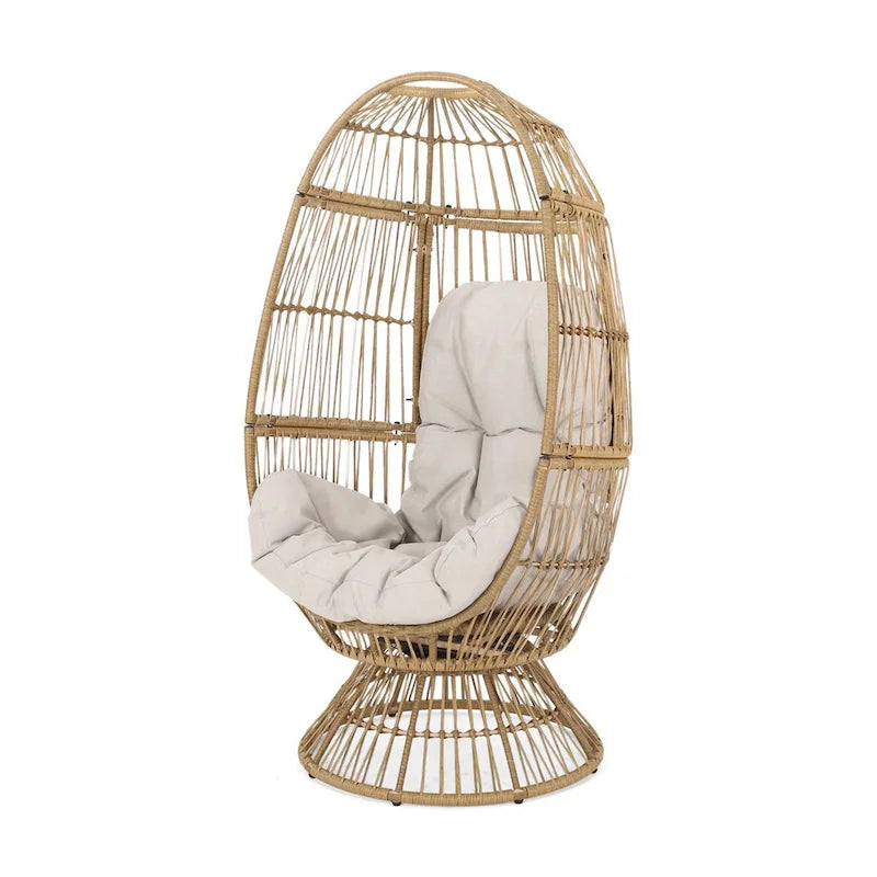 Fauteuil en osier Oaks Aura au design abstrait en maille, fauteuil pivotant en rotin tressé artisanal en forme d'œuf, fauteuil en forme de panier avec coussin