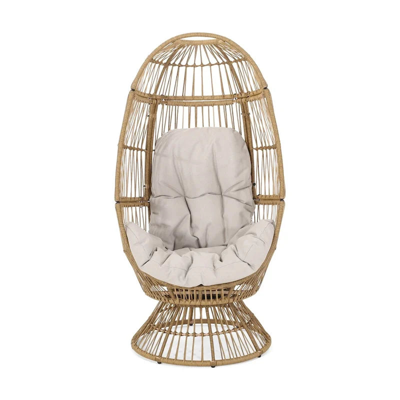 Fauteuil en osier Oaks Aura au design abstrait en maille, fauteuil pivotant en rotin tressé artisanal en forme d'œuf, fauteuil en forme de panier avec coussin
