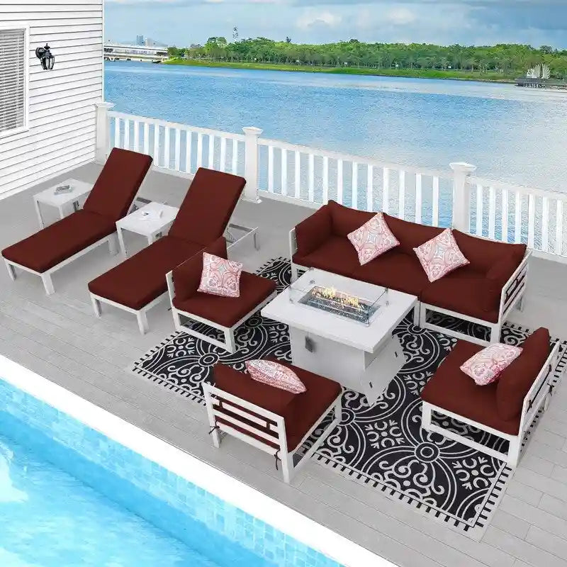 FINCATI Ensemble de canapé d'angle surdimensionné 11 pièces en aluminium pour patio, avec chaises longues et assises profondes