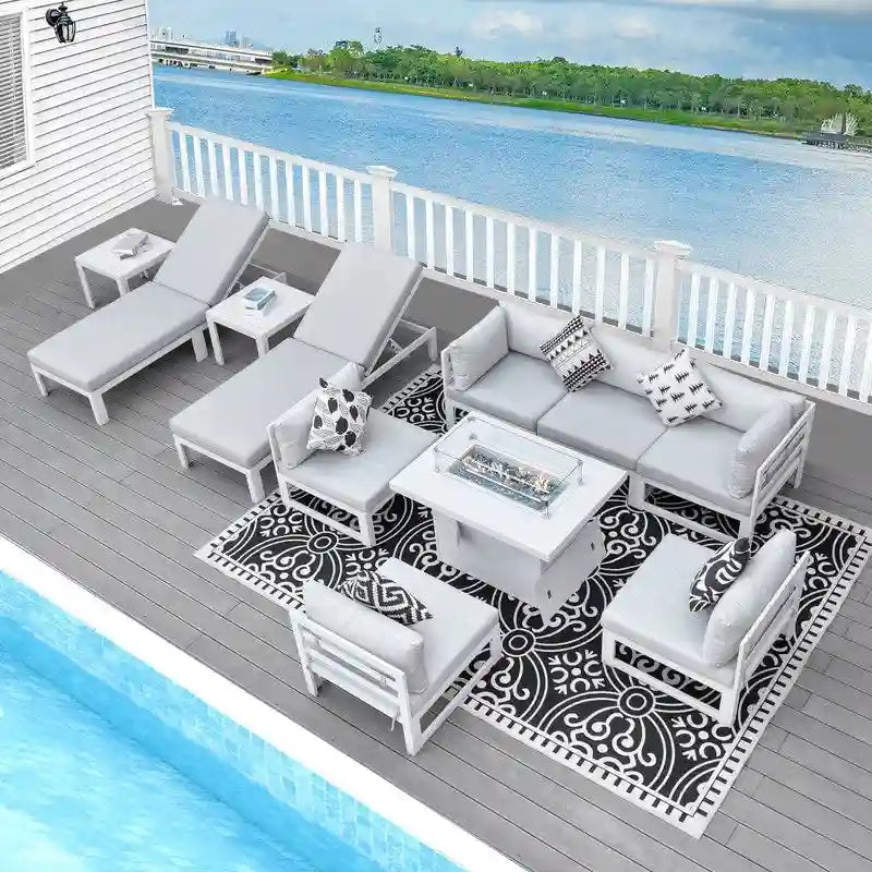 FINCATI Ensemble de canapé d'angle surdimensionné 11 pièces en aluminium pour patio, avec chaises longues et assises profondes