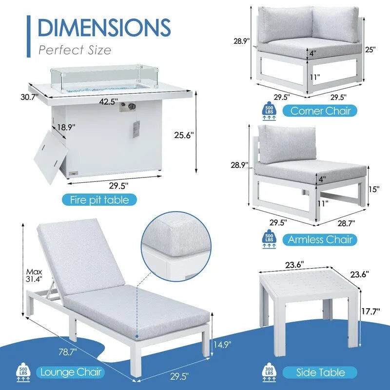 FINCATI Ensemble de canapé d'angle surdimensionné 11 pièces en aluminium pour patio, avec chaises longues et assises profondes