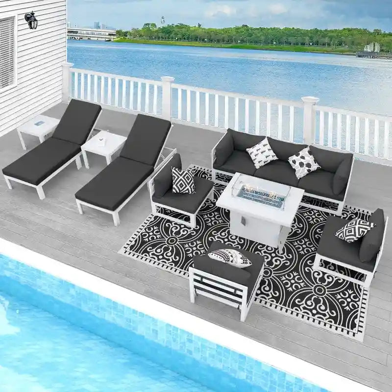 FINCATI Ensemble de canapé d'angle surdimensionné 11 pièces en aluminium pour patio, avec chaises longues et assises profondes