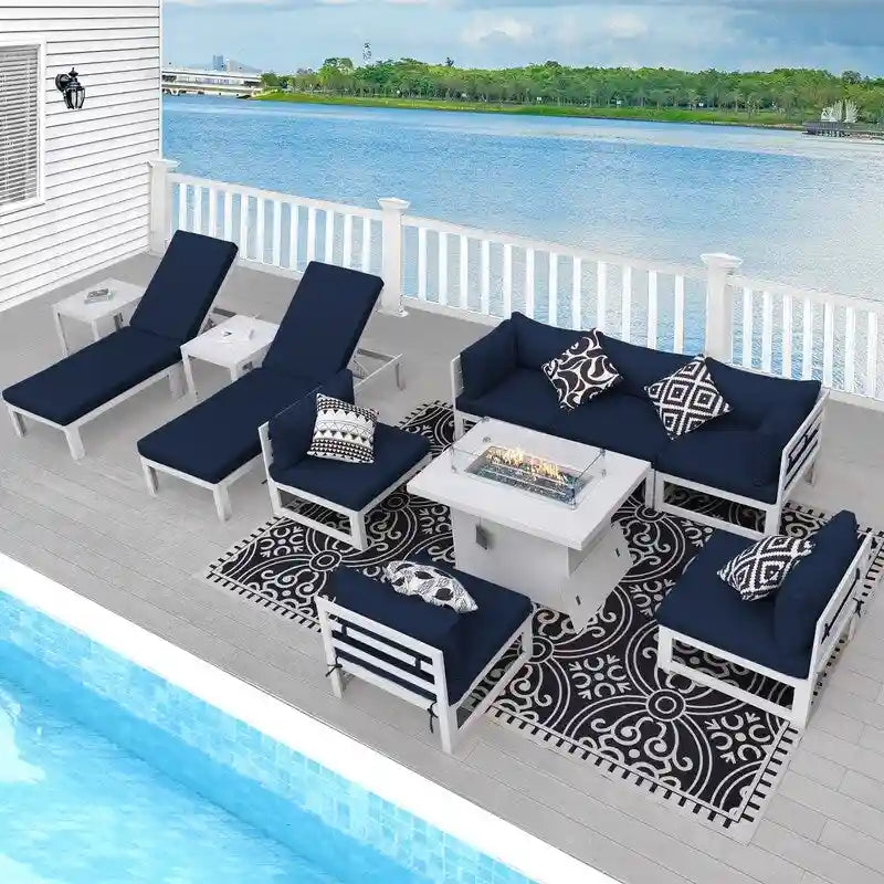 FINCATI Ensemble de canapé d'angle surdimensionné 11 pièces en aluminium pour patio, avec chaises longues et assises profondes