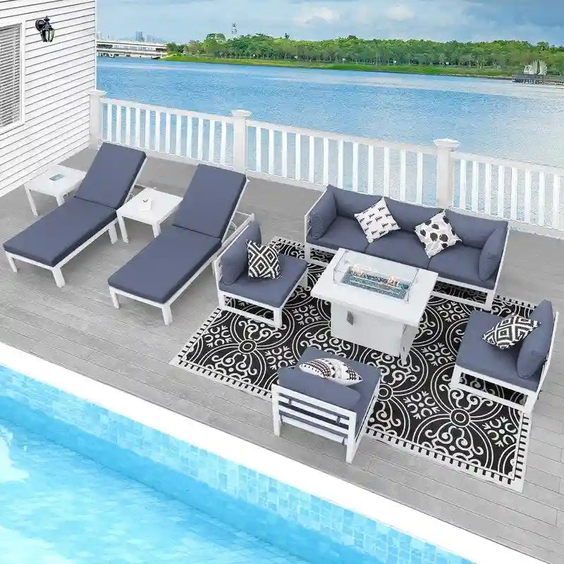 FINCATI Ensemble de canapé d'angle surdimensionné 11 pièces en aluminium pour patio, avec chaises longues et assises profondes