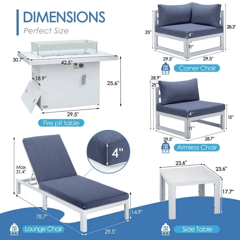 FINCATI Ensemble de canapé d'angle surdimensionné 11 pièces en aluminium pour patio, avec chaises longues et assises profondes
